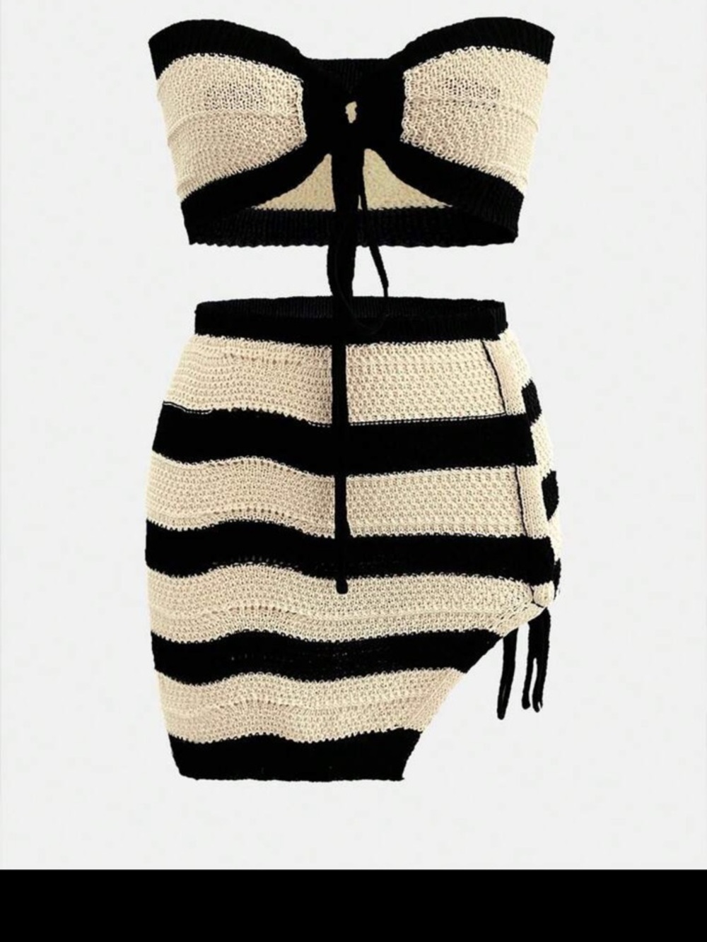SHEIN Black & Cream Striped Crochet Two-Piece Mini Skirt Set